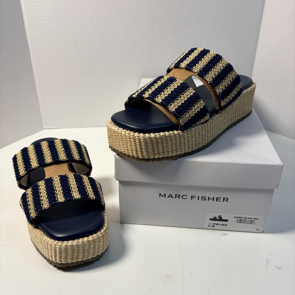 Marc Fisher Women's 9M Pelma Dark Blue Double Band‎ Flatform Slip On Sandals NEW